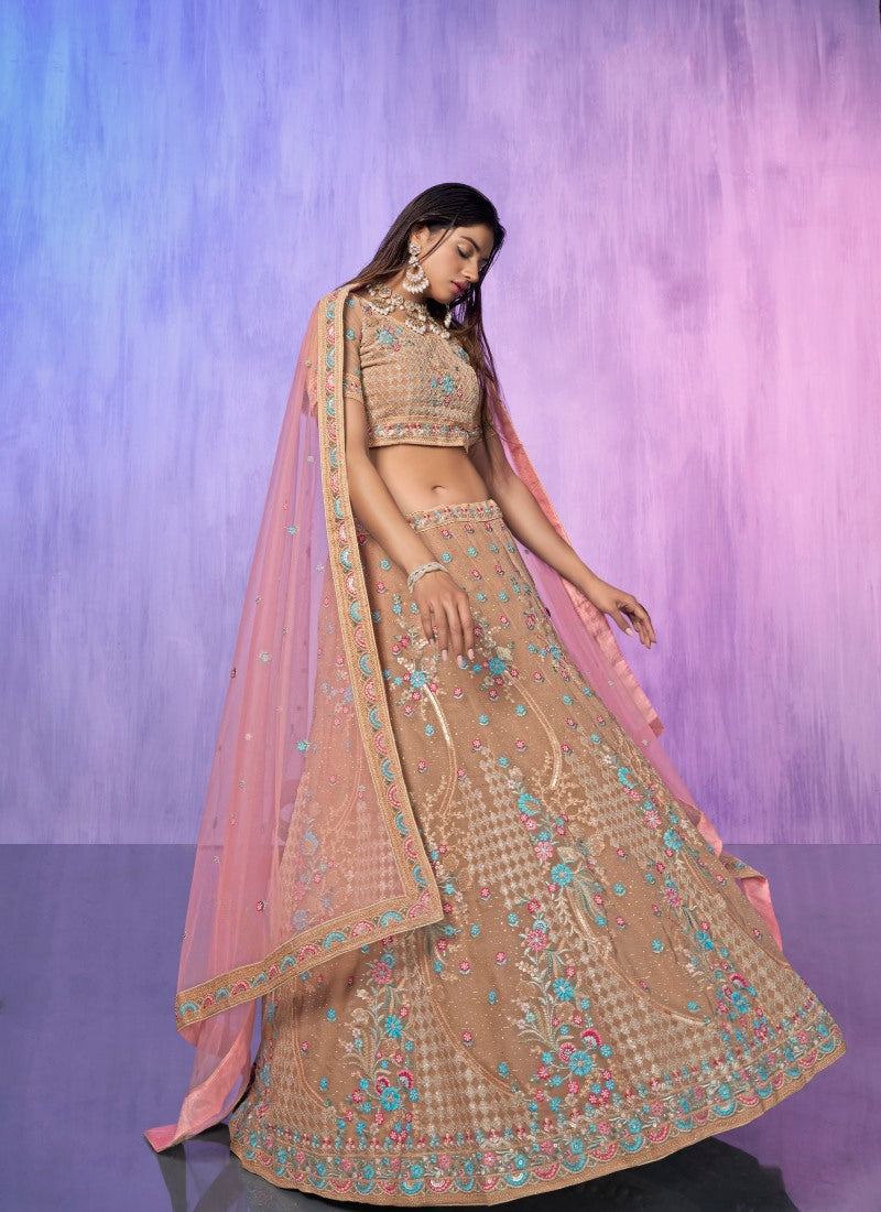 Light Brown Georgette Bridal Lehenga for Wedding With Thread and Zari Work