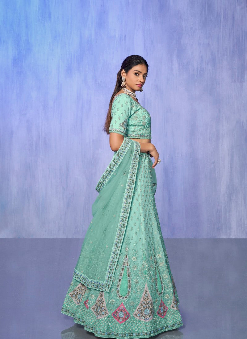 Aqua Georgette Bridal Lehenga for Wedding With Thread and Zari Work