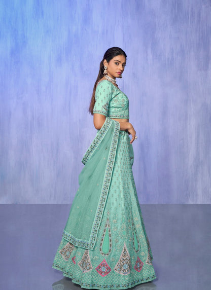 Aqua Georgette Bridal Lehenga for Wedding With Thread and Zari Work