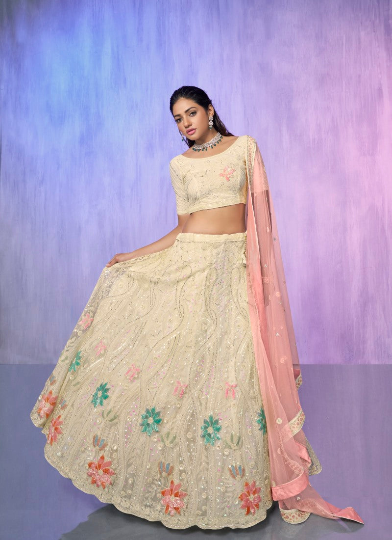 Light Yellow Net Bridal Lehenga for Wedding With Thread and Zari Work