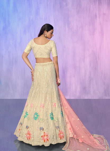 Light Yellow Net Bridal Lehenga for Wedding With Thread and Zari Work-2