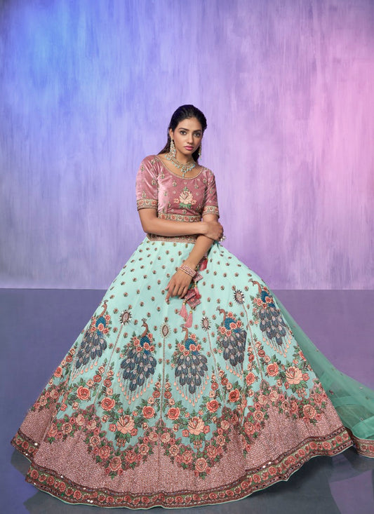 Sea Green Georgette Bridal Lehenga for Wedding With Thread and Zari Work