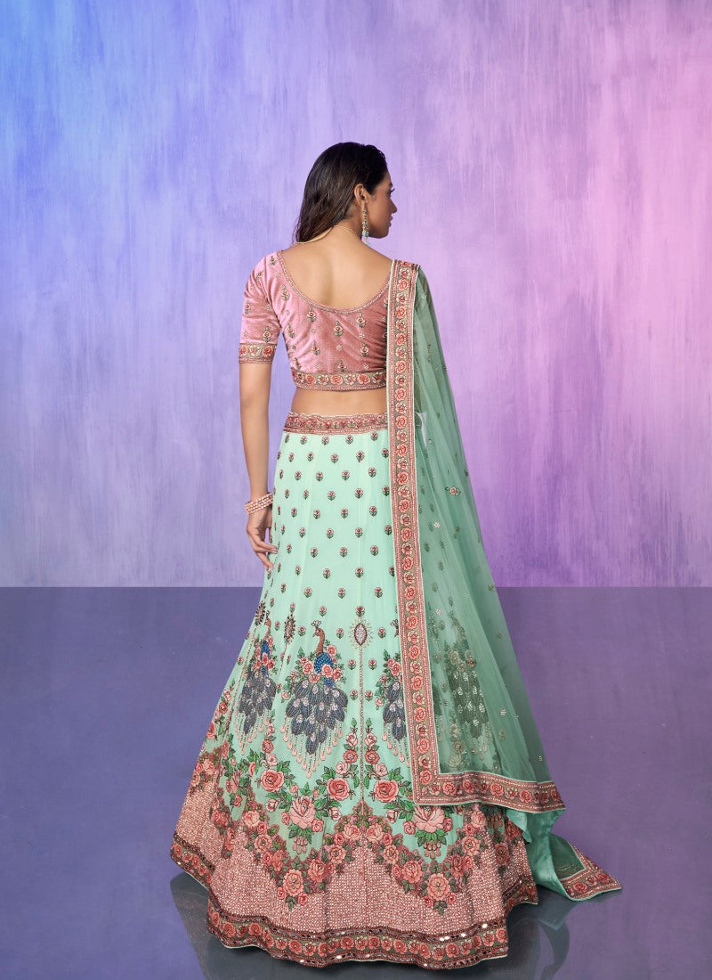 Sea Green Georgette Bridal Lehenga for Wedding With Thread and Zari Work-2