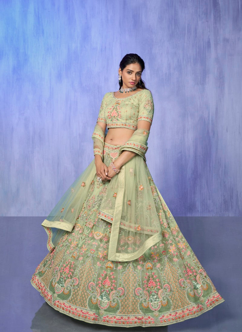 Pista Green Net Bridal Lehenga for Wedding With Thread and Zari Work