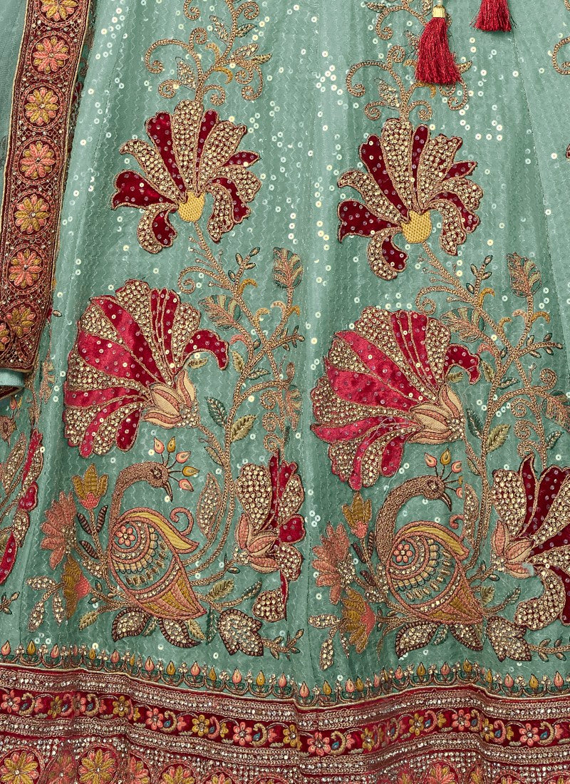 Sky Blue Velvet Bridal Lehenga for Wedding With Thread and Zari Work-2