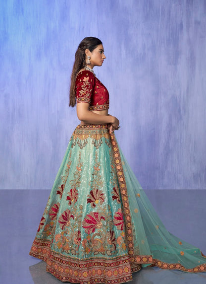 Sky Blue Velvet Bridal Lehenga for Wedding With Thread and Zari Work-2