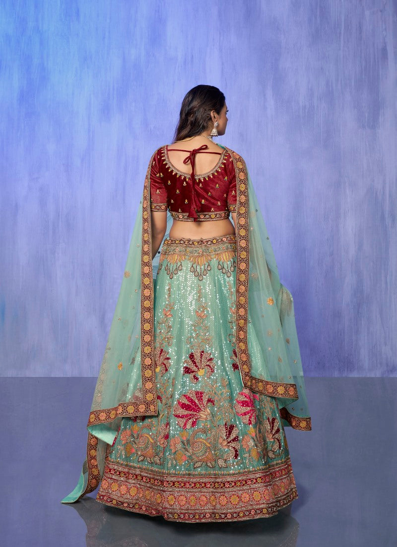 Sky Blue Velvet Bridal Lehenga for Wedding With Thread and Zari Work-2