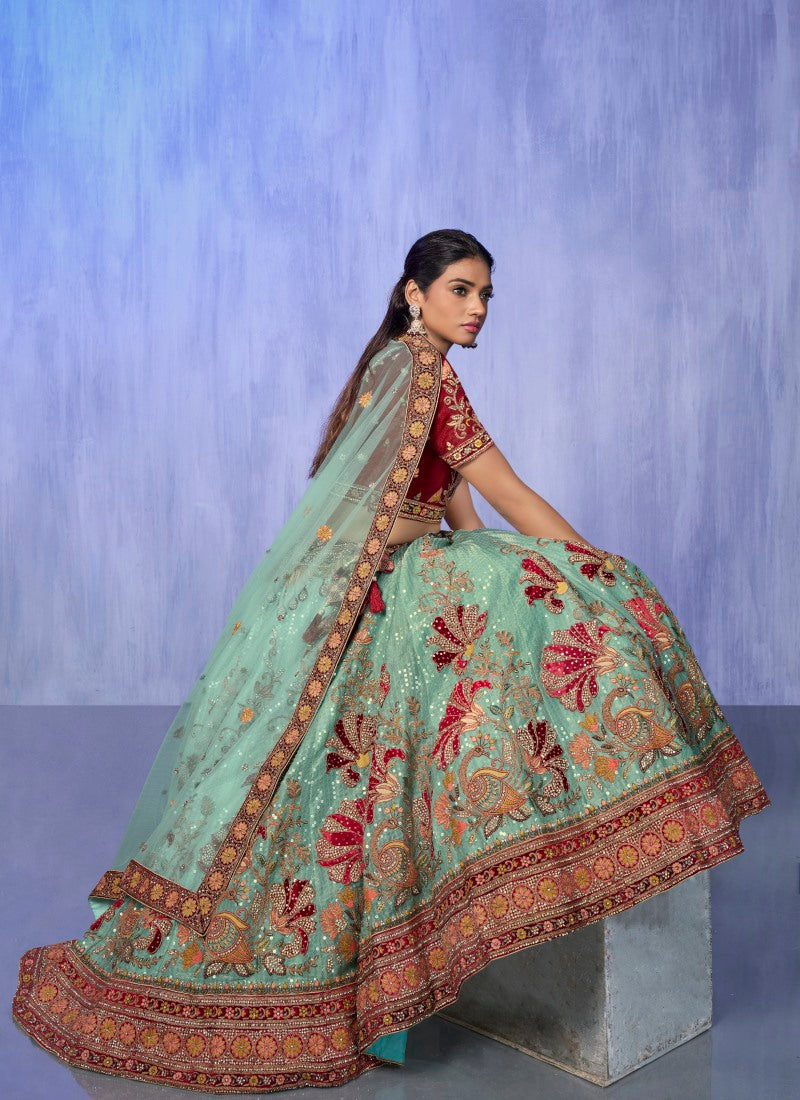 Sky Blue Velvet Bridal Lehenga for Wedding With Thread and Zari Work