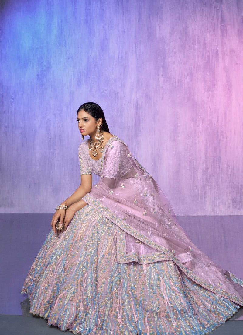 Lavender Organza Bridal Lehenga for Wedding With Thread and Zari Work