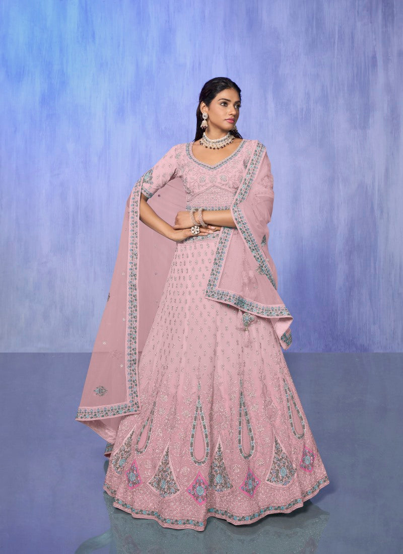 Pink Georgette Bridal Lehenga for Wedding With Thread and Zari Work