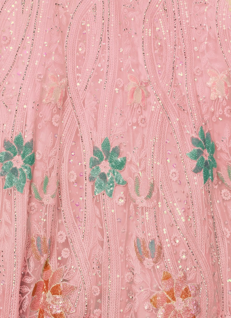 Pink Net Bridal Lehenga for Wedding With Thread and Zari Work-2