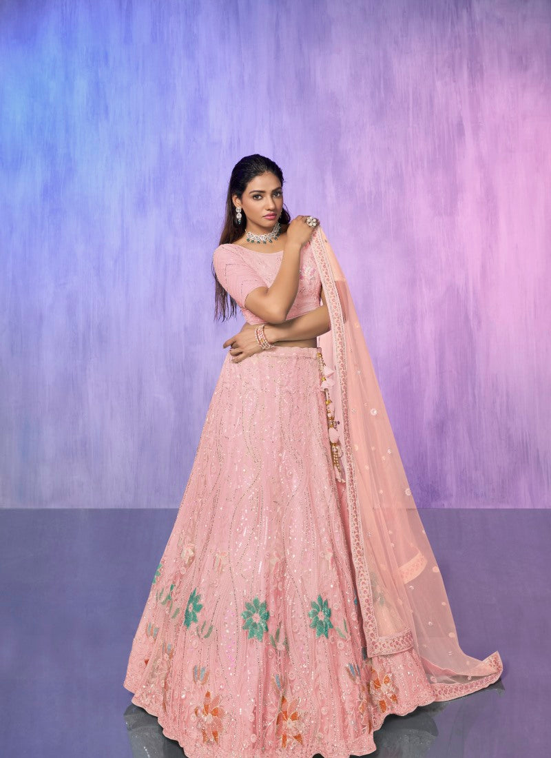 Pink Net Bridal Lehenga for Wedding With Thread and Zari Work