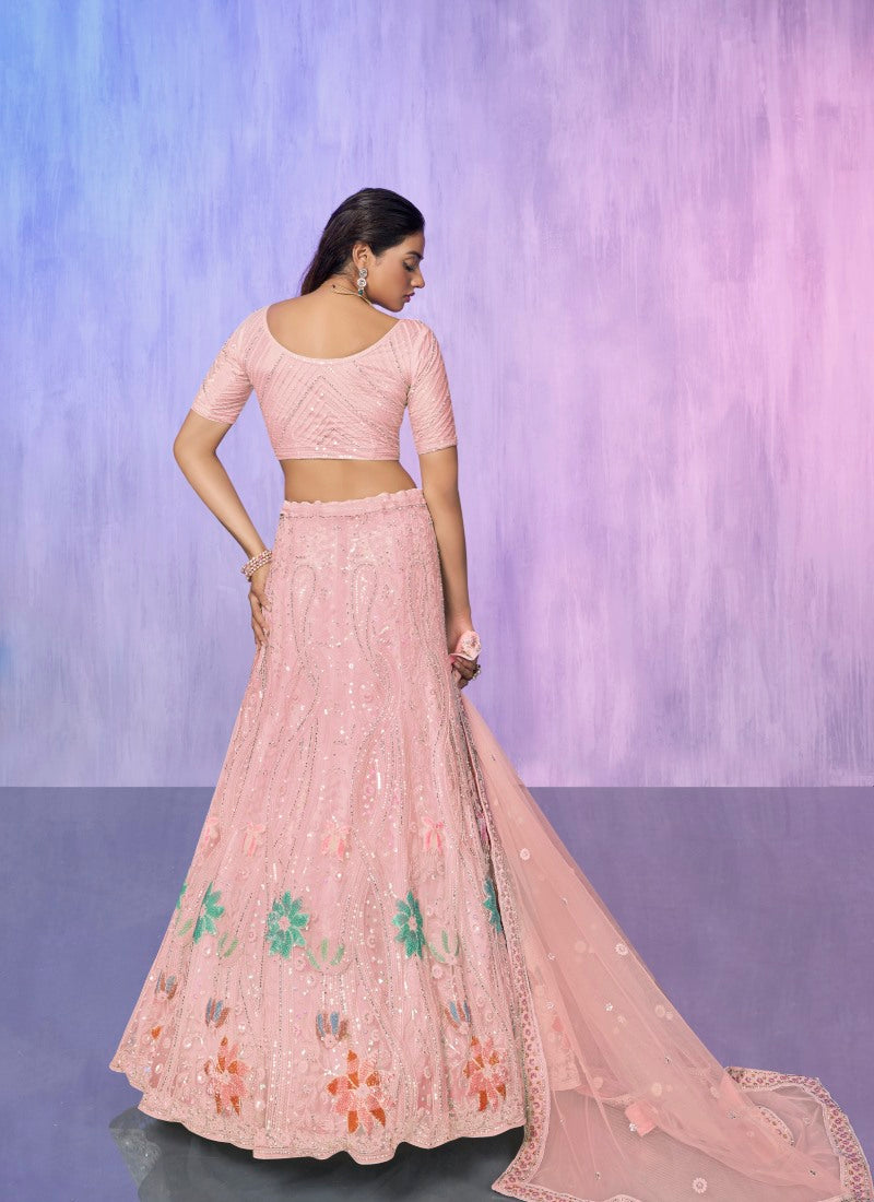 Pink Net Bridal Lehenga for Wedding With Thread and Zari Work-2