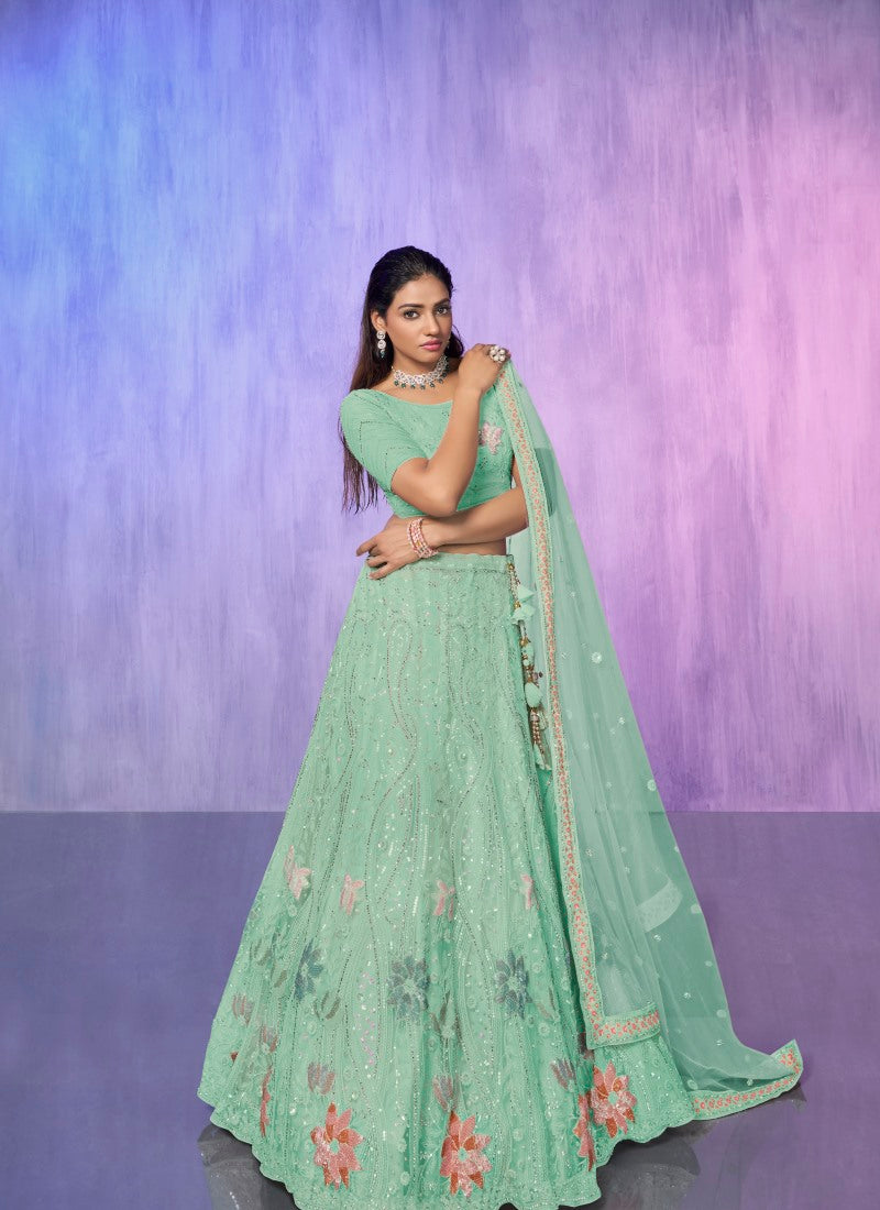 Sea Green Net Bridal Lehenga for Wedding With Thread and Zari Work