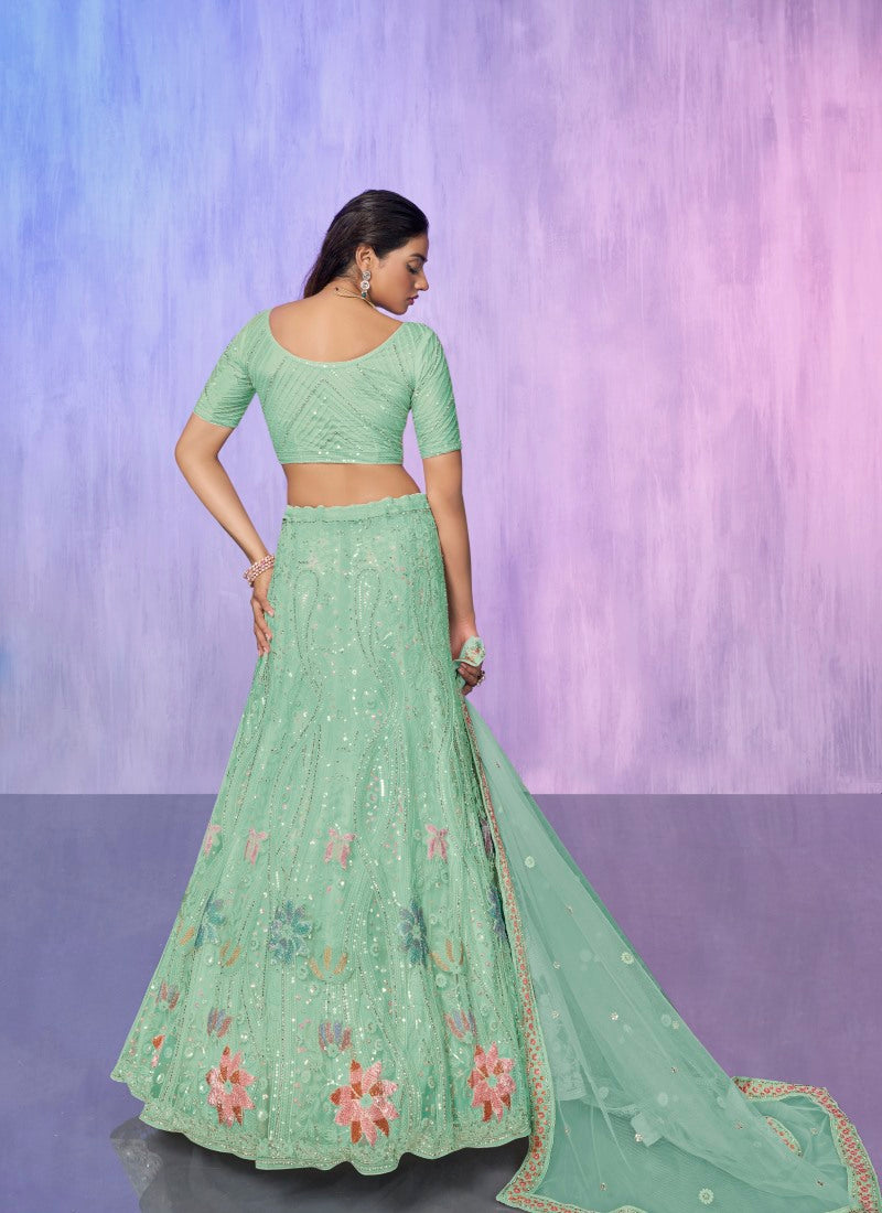 Sea Green Net Bridal Lehenga for Wedding With Thread and Zari Work-2