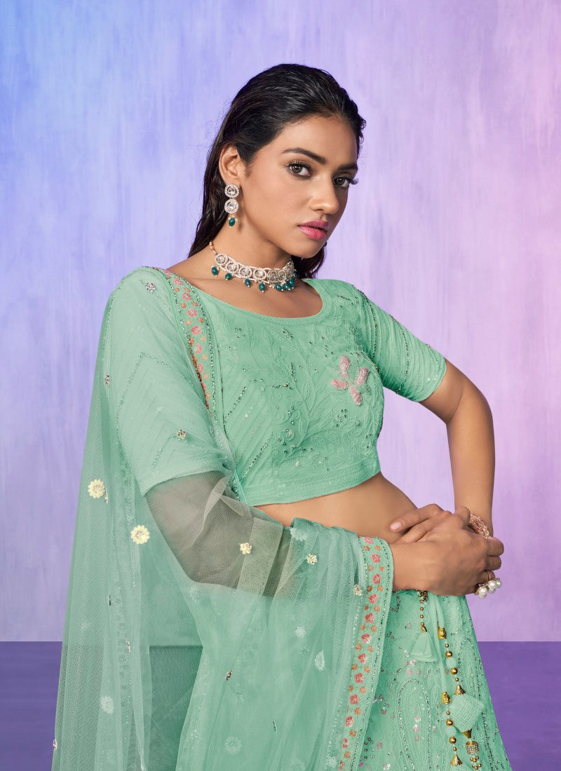 Sea Green Net Bridal Lehenga for Wedding With Thread and Zari Work-2