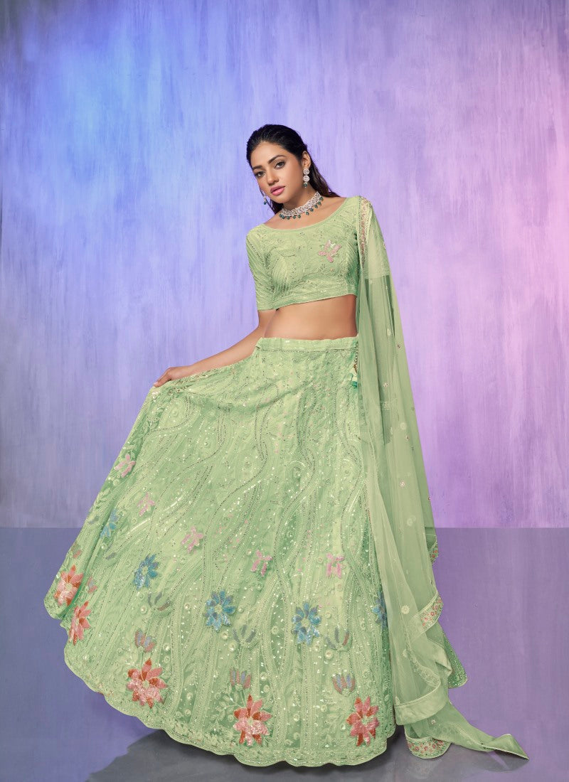 Pista Green Net Bridal Lehenga for Wedding With Thread and Zari Work