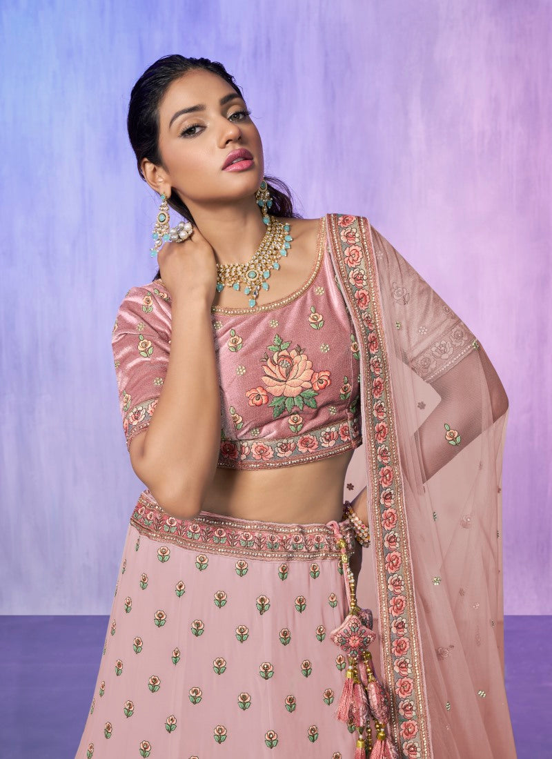 Pink Georgette Bridal Lehenga for Wedding With Thread and Zari Work-2