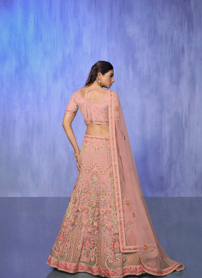 Pink Net Bridal Lehenga for Wedding With Thread and Zari Work-2