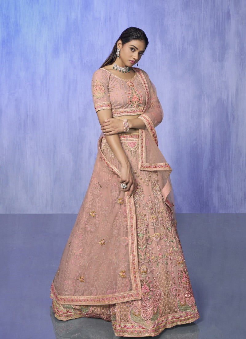 Pink Net Bridal Lehenga for Wedding With Thread and Zari Work