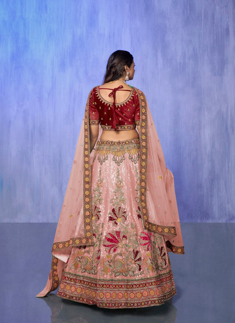 Beige Velvet Bridal Lehenga for Wedding With Thread and Zari Work-2