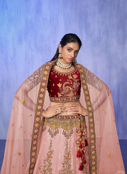 Beige Velvet Bridal Lehenga for Wedding With Thread and Zari Work-2