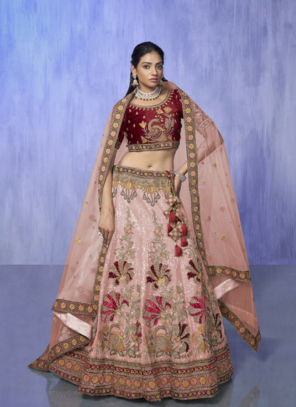 Beige Velvet Bridal Lehenga for Wedding With Thread and Zari Work