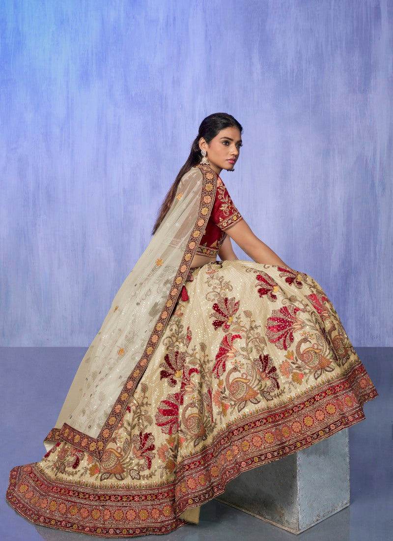 Beige Velvet Bridal Lehenga for Wedding With Thread and Zari Work-2