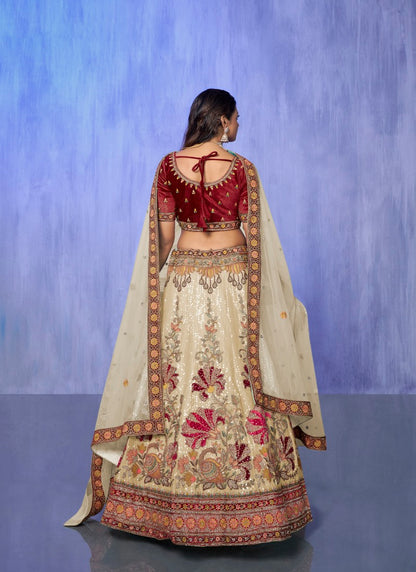 Beige Velvet Bridal Lehenga for Wedding With Thread and Zari Work-2