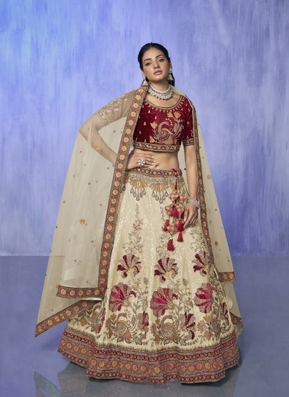 Beige Velvet Bridal Lehenga for Wedding With Thread and Zari Work