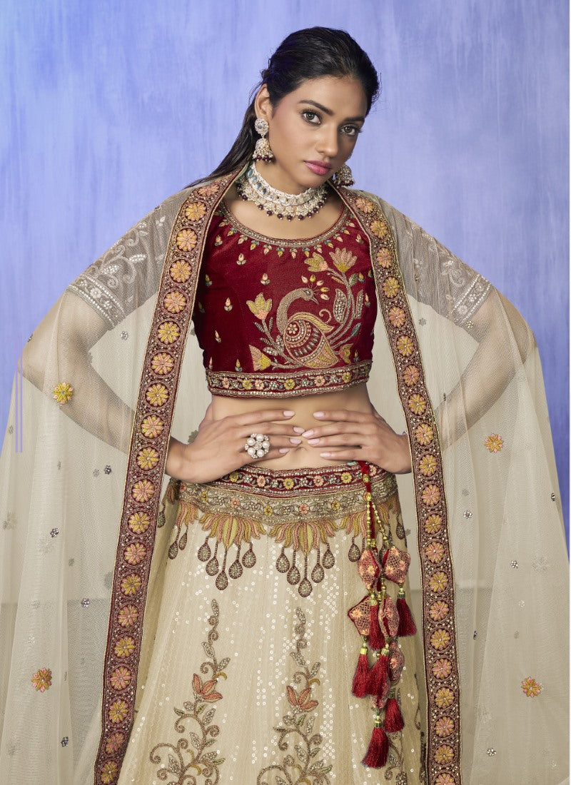 Beige Velvet Bridal Lehenga for Wedding With Thread and Zari Work-2