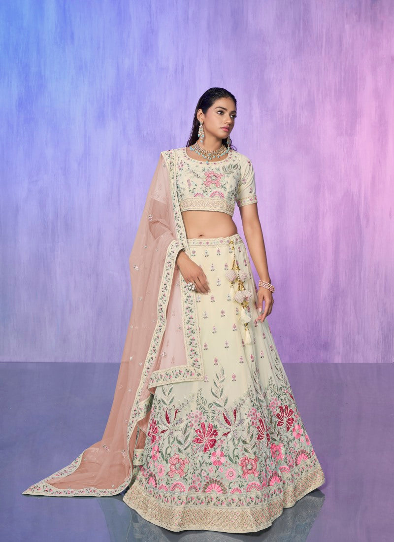 Off White Georgette Bridal Lehenga for Wedding With Thread and Zari Work