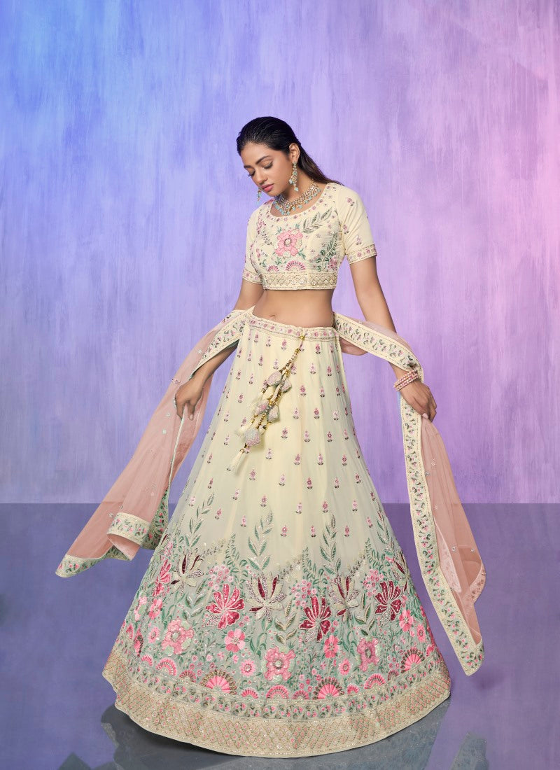 Off White Georgette Bridal Lehenga for Wedding With Thread and Zari Work-2