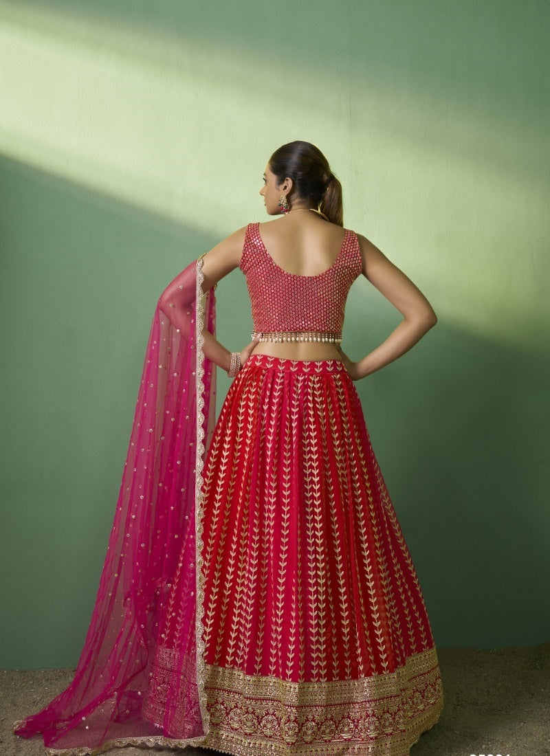 Red Georgette Wedding Lehenga Choli with Embroidery and Sequins Work-2