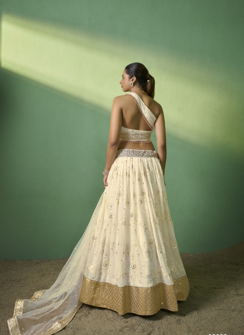 Off White Georgette Wedding Lehenga Choli with Embroidery and Sequins Work-2