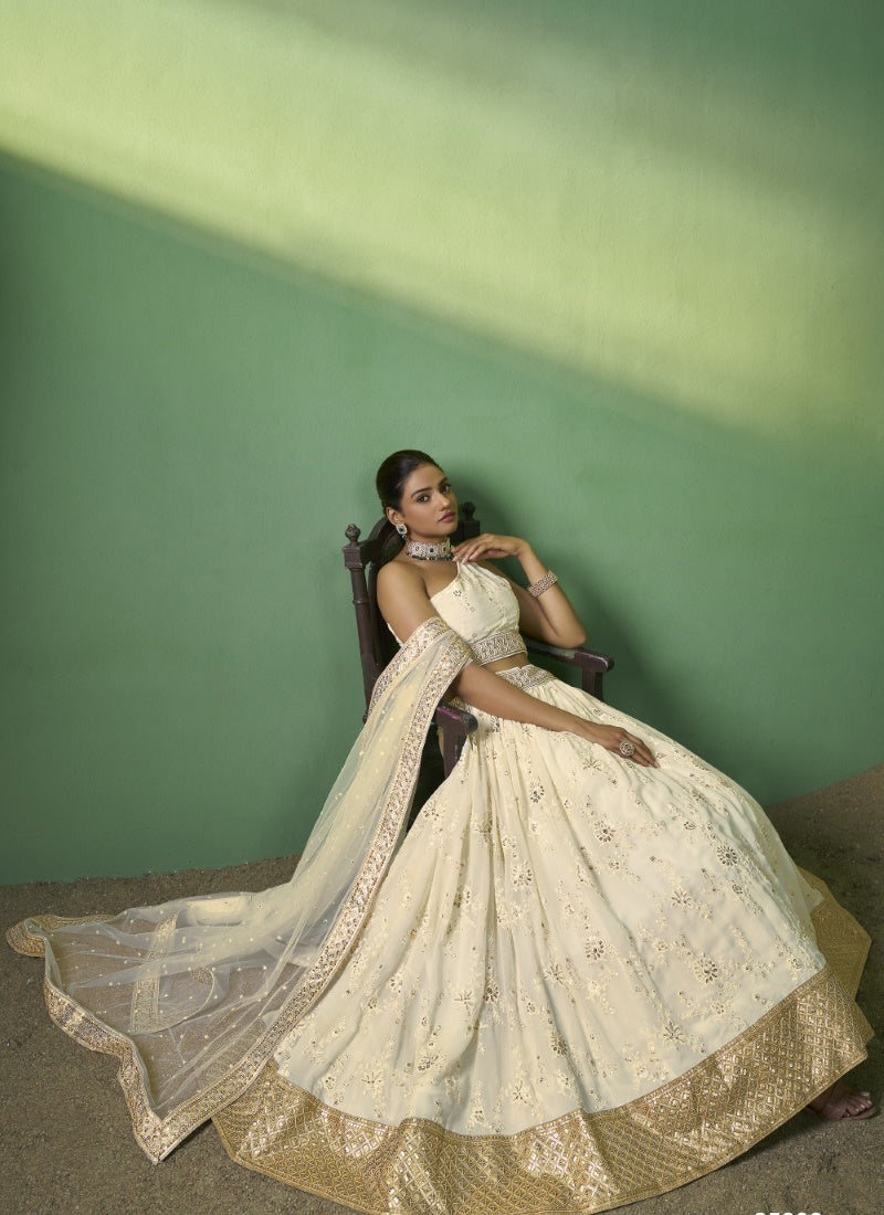 Off White Georgette Wedding Lehenga Choli with Embroidery and Sequins Work-2