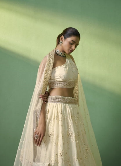 Off White Georgette Wedding Lehenga Choli with Embroidery and Sequins Work-2