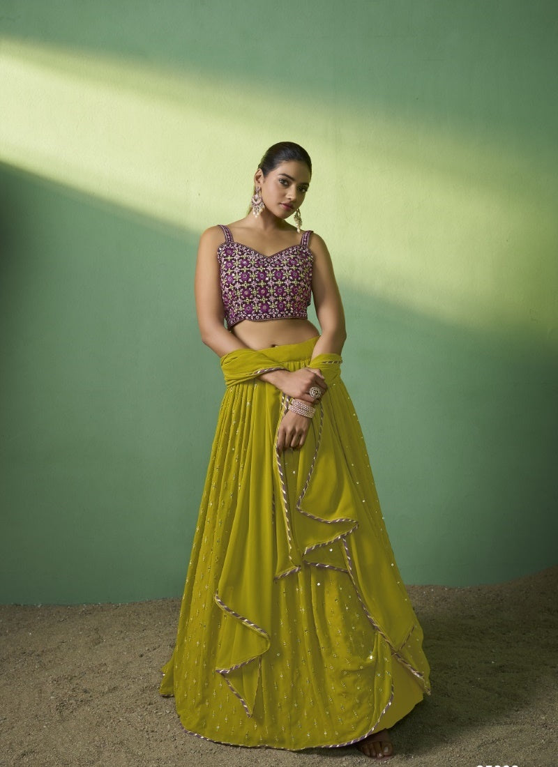 Green Velvet Wedding Lehenga Choli with Embroidery and Sequins Work