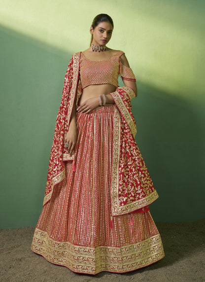 Red Georgette Wedding Lehenga Choli with Embroidery and Sequins Work