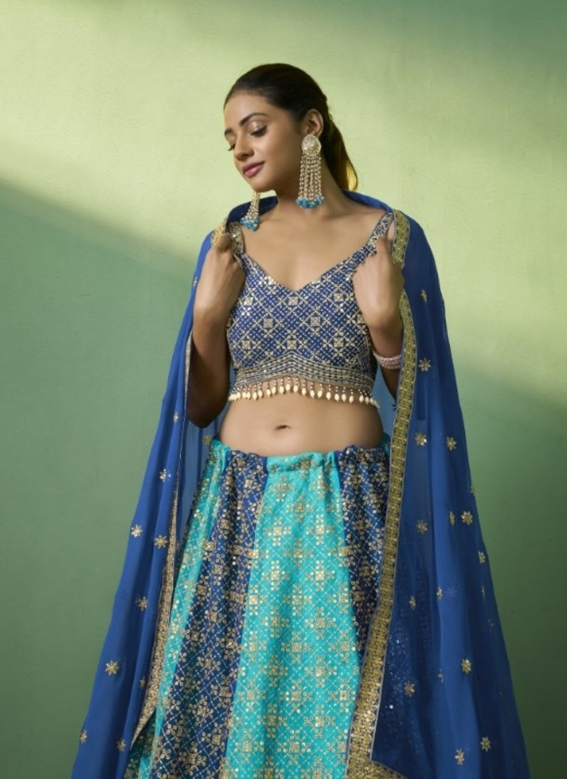 Blue Georgette Wedding Lehenga Choli with Embroidery and Sequins Work-2