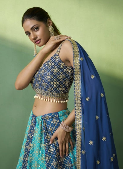 Blue Georgette Wedding Lehenga Choli with Embroidery and Sequins Work-2