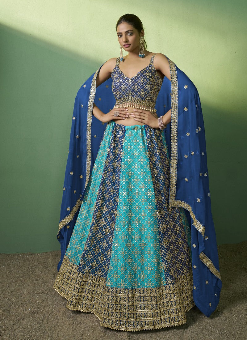 Blue Georgette Wedding Lehenga Choli with Embroidery and Sequins Work