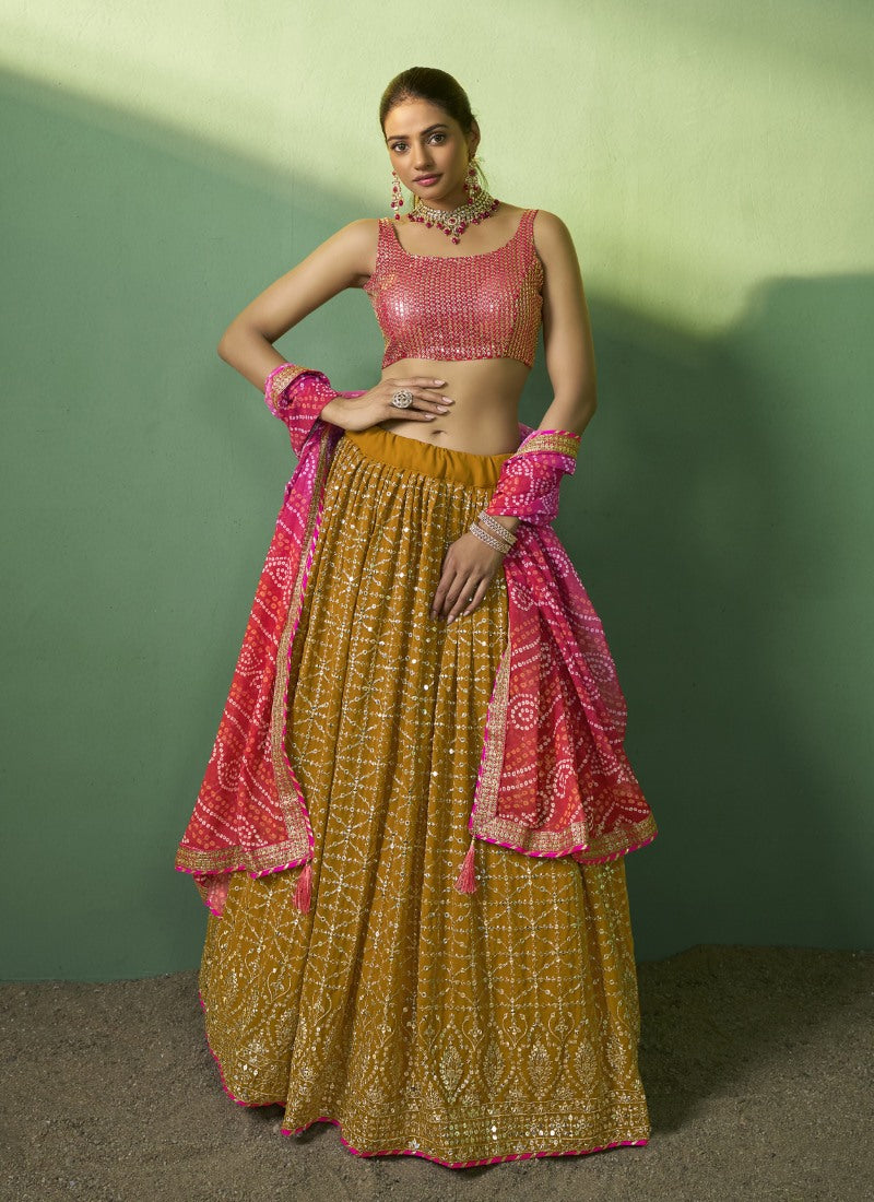 Mustard Georgette Wedding Lehenga Choli with Embroidery and Sequins Work