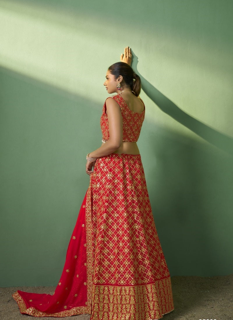 Red Silk Wedding Lehenga Choli with Embroidery and Sequins Work-2