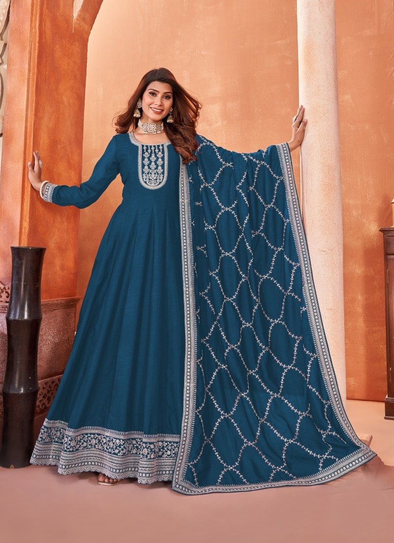 Teal Blue Art Silk Anarkali Suit