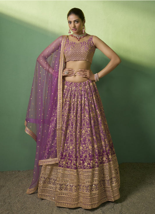 Lavender Georgette Wedding Lehenga Choli with Embroidery and Sequins Work