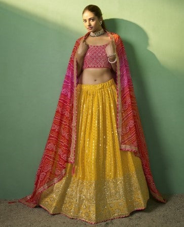 Yellow Georgette Wedding Lehenga Choli with Embroidery and Sequins Work