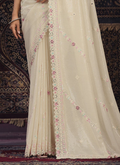 Off White Georgette Party Wear Saree With Sequins, Thread and Zari Work