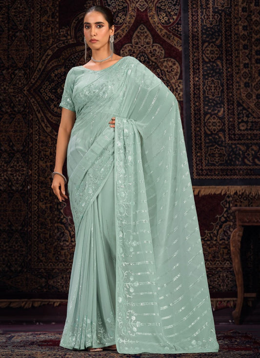 Sea Green Georgette Party Wear Saree With Sequins, Thread and Zari Work