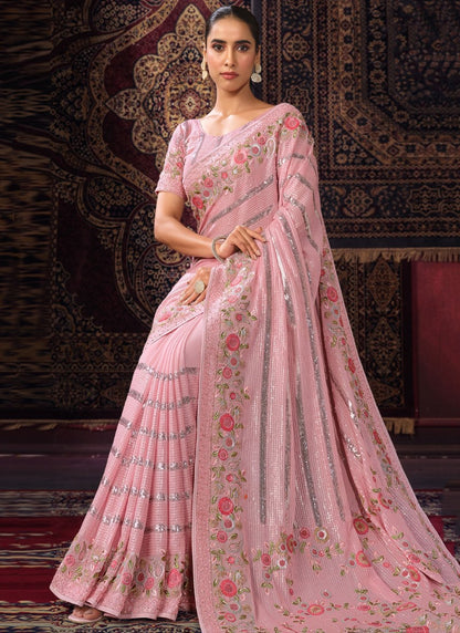 Pink Georgette Party Wear Saree With Sequins, Thread and Zari Work